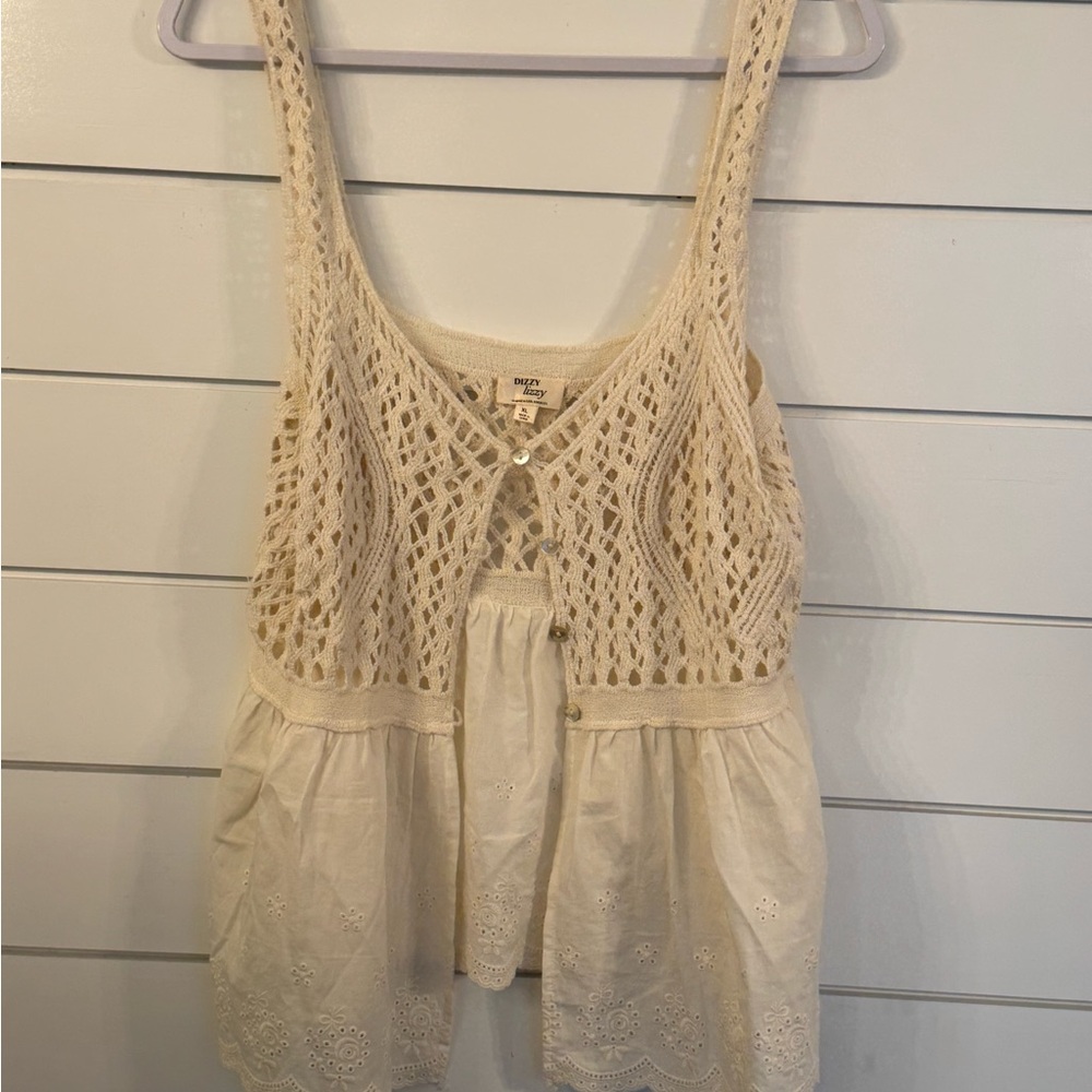 Women's Cream Crochet Tank Top - Lightweight Summer Layer - Picture 3 of 11